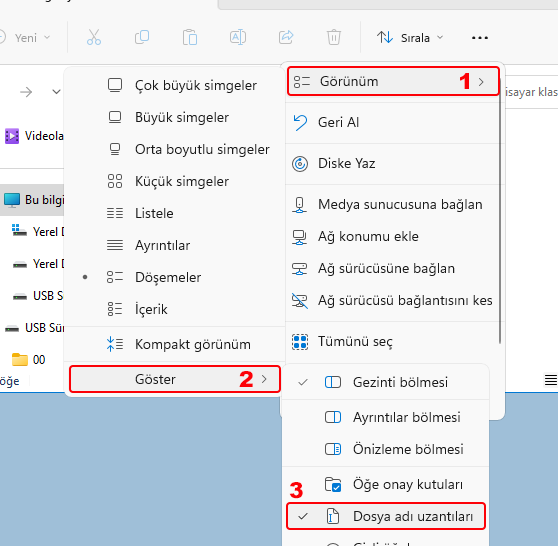windows dosya uzantilarini gosterme ayarlari degistirme