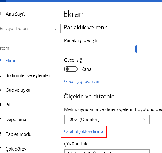 windows dpi ayari ekran olceklendirme