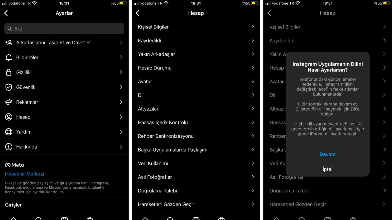 Instagram dil degistirme nasil yapilir Dil degistirme ayarlari 4